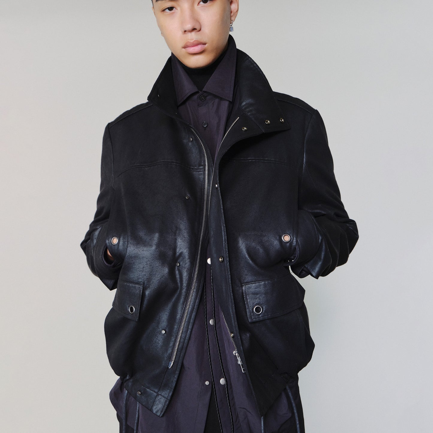 Ripple-Stitched Placket Metal Button Shirts