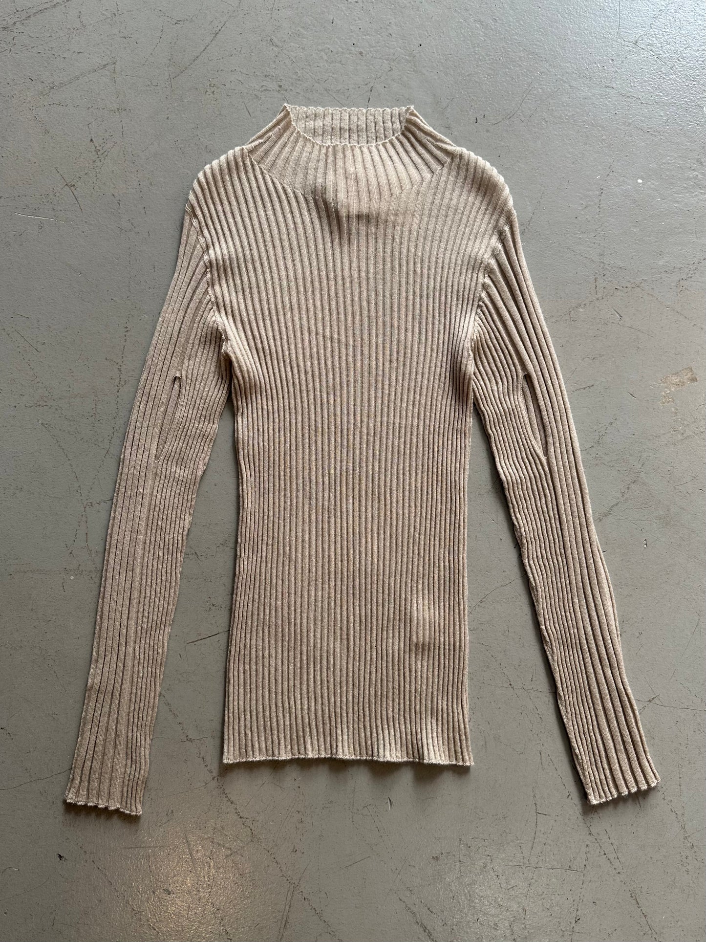 REBBED MOCK-NECK TOP IN MIXED WOOL SILVER BEIGE