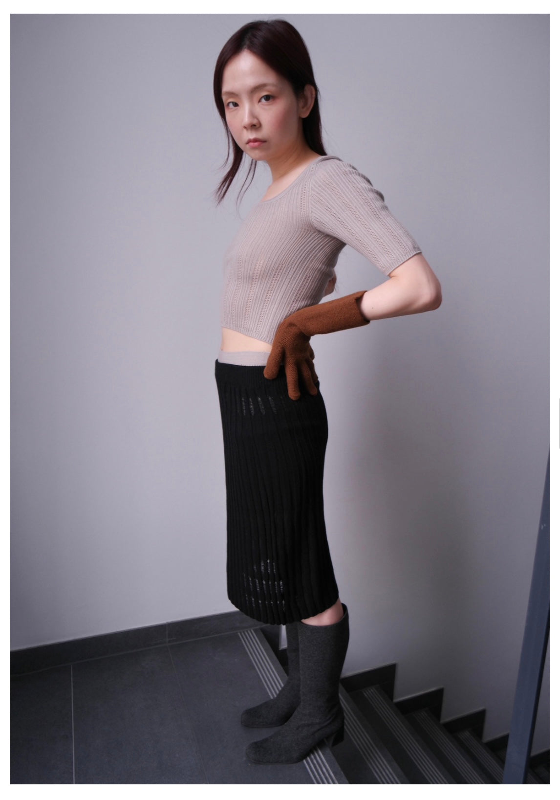 RIBBED LACE SKIRT IN MIXED WOOL BLACK