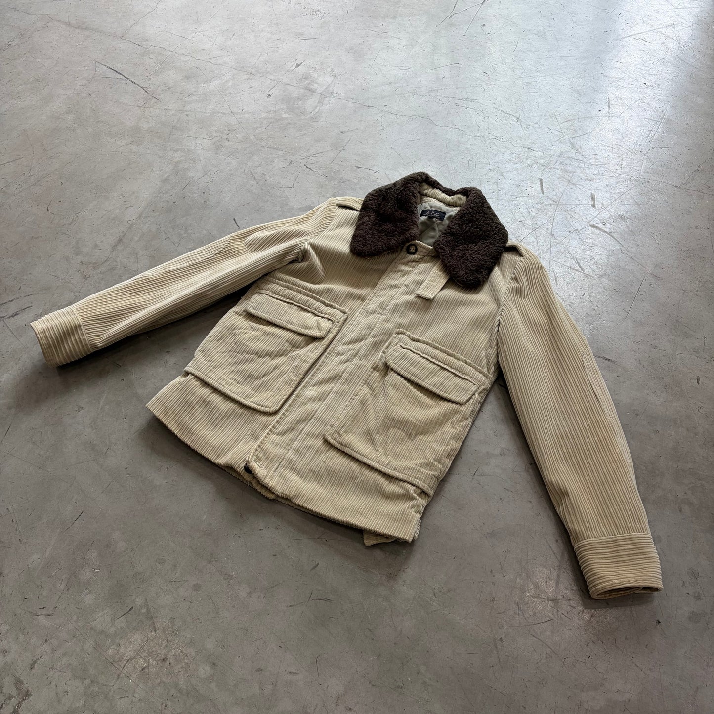 A.P.C. 00s Fur Collar Corduroy Coat (Beige, Made in Tunisia)