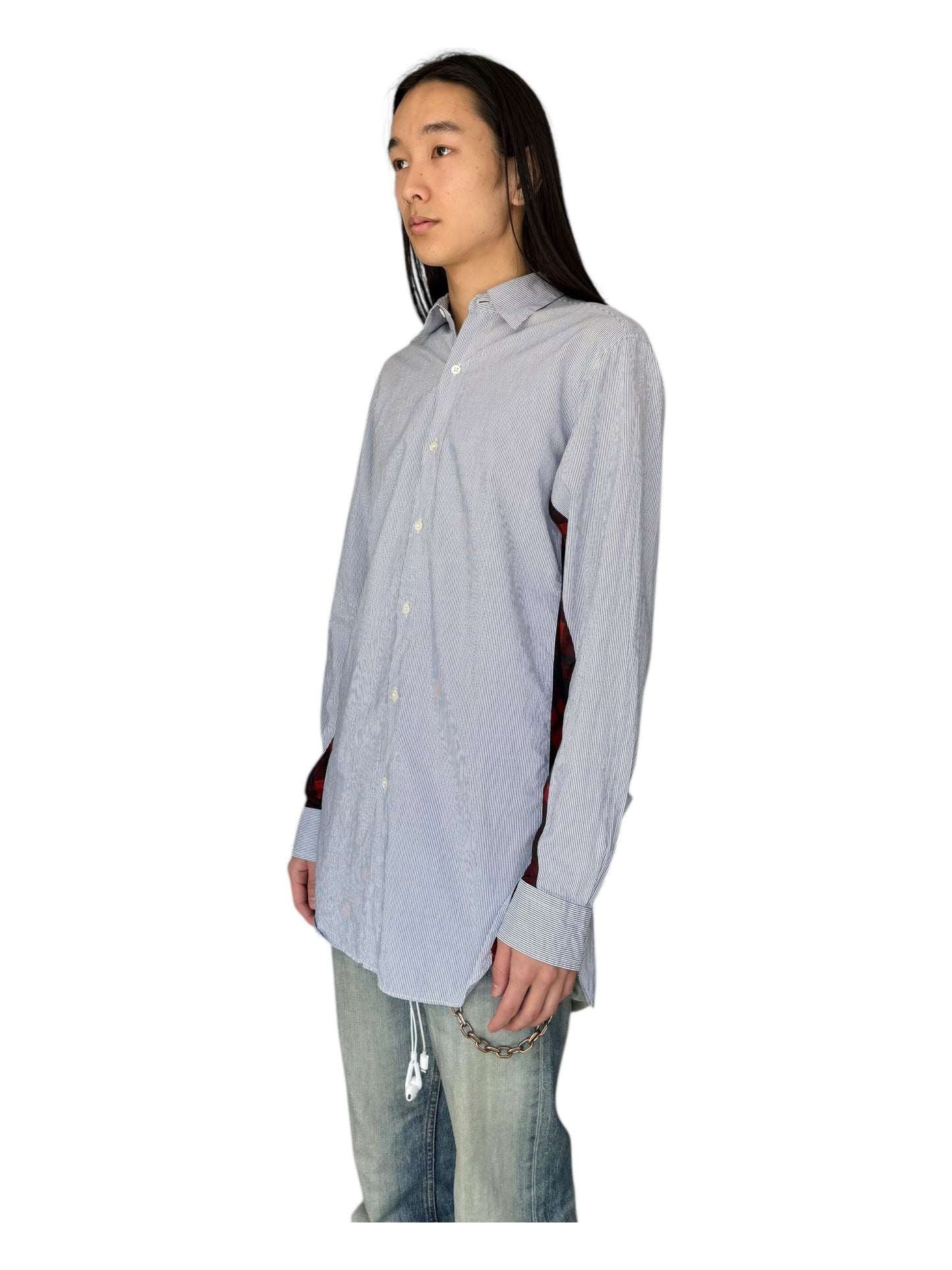 Dries Van Noten Striped Panel Sleeve Shirt (Blue)