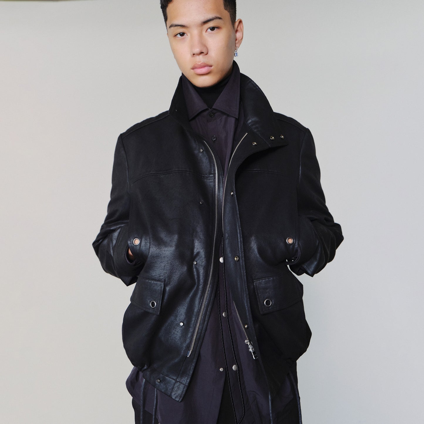 Distressed Leather-Look Drawstring Jacket