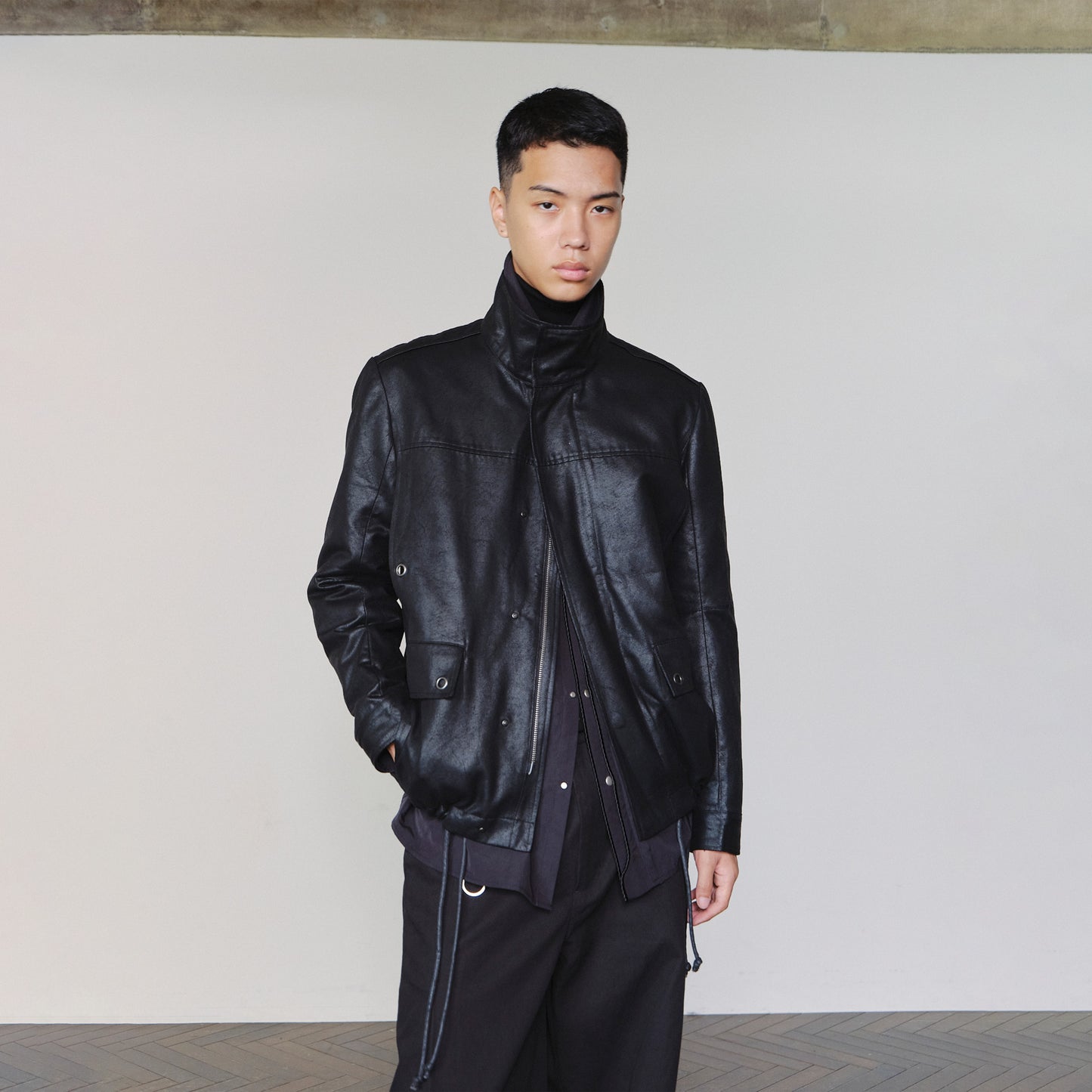 Distressed Leather-Look Drawstring Jacket