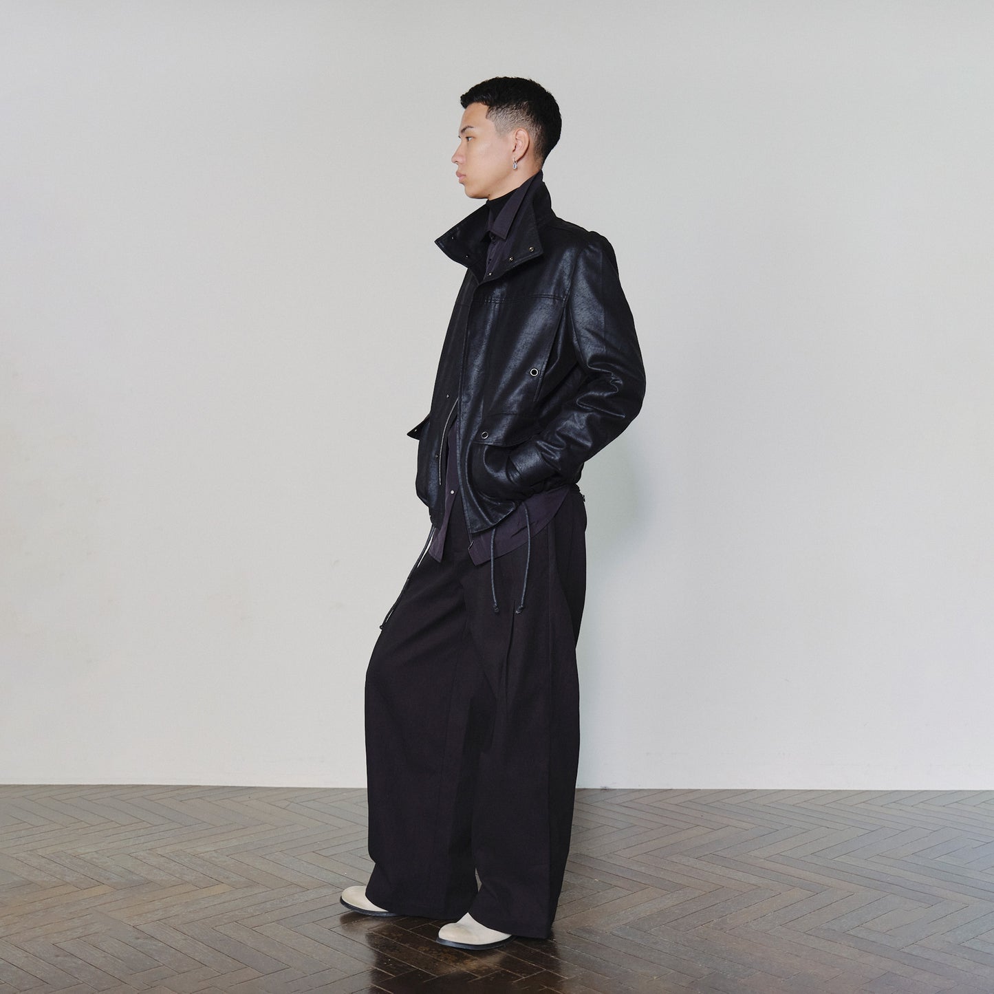 Distressed Leather-Look Drawstring Jacket