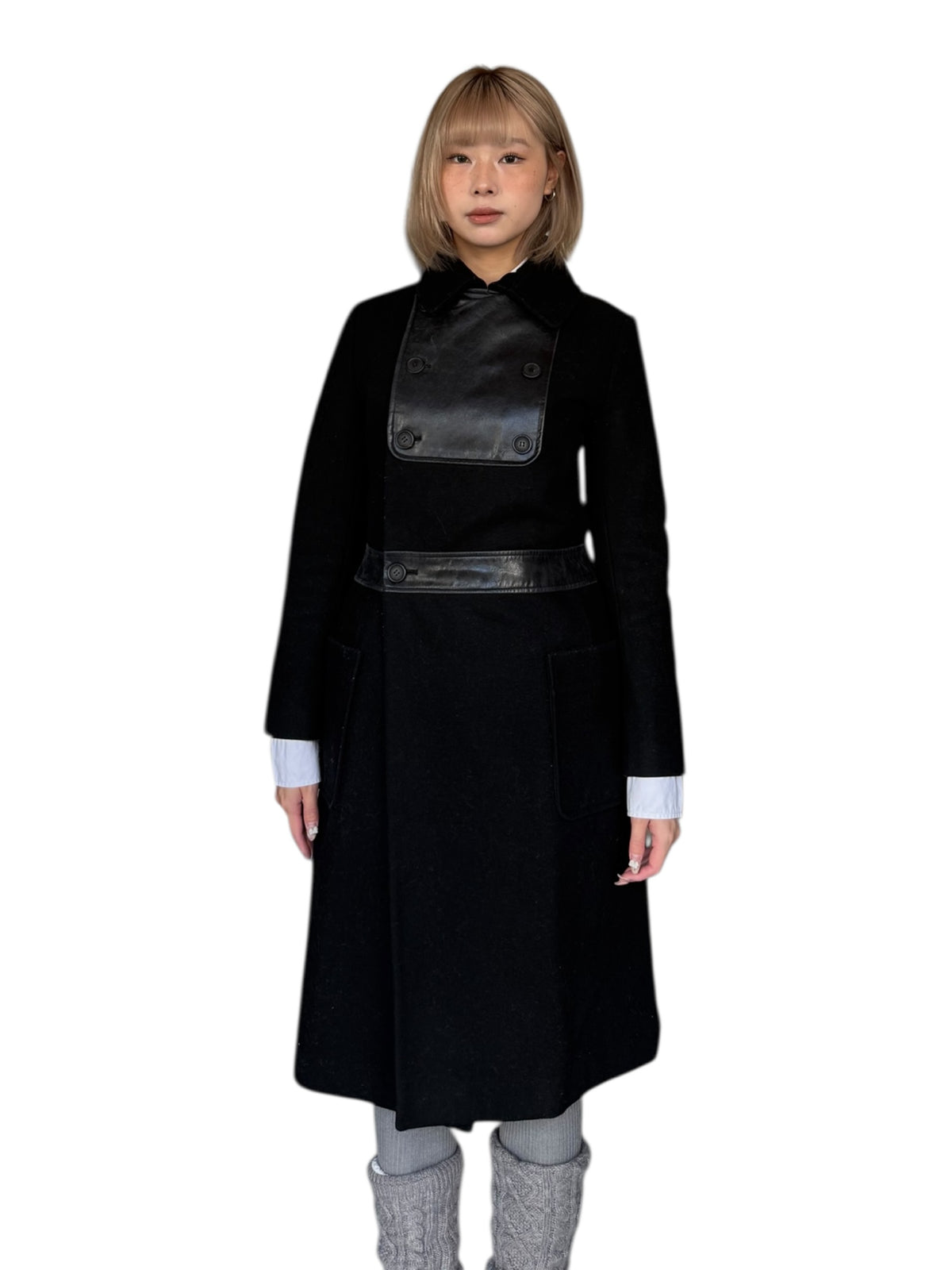 A.P.C. Vintage Wool Coat with Structured Leather Panels (Black, Made in France)