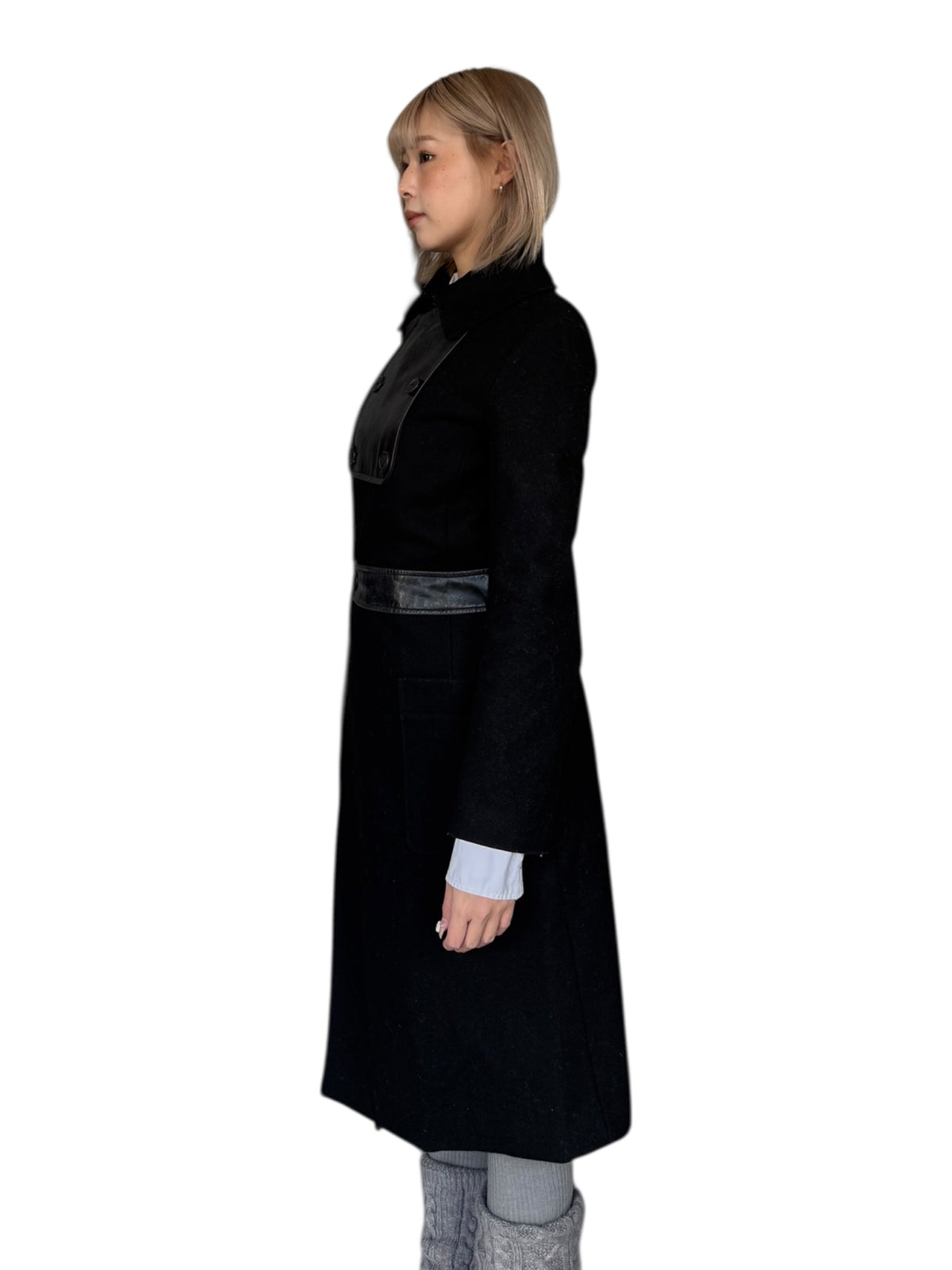 A.P.C. Vintage Wool Coat with Structured Leather Panels (Black, Made in France)