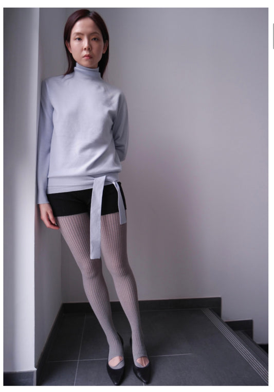 BELTED HIGH-NECK PULLOVED IN WOOL LIGHT BLUE