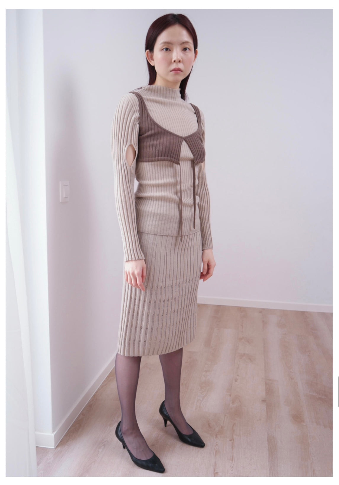 Ribbed Lace Skirt In Mixed Wool SILVER BEIGE