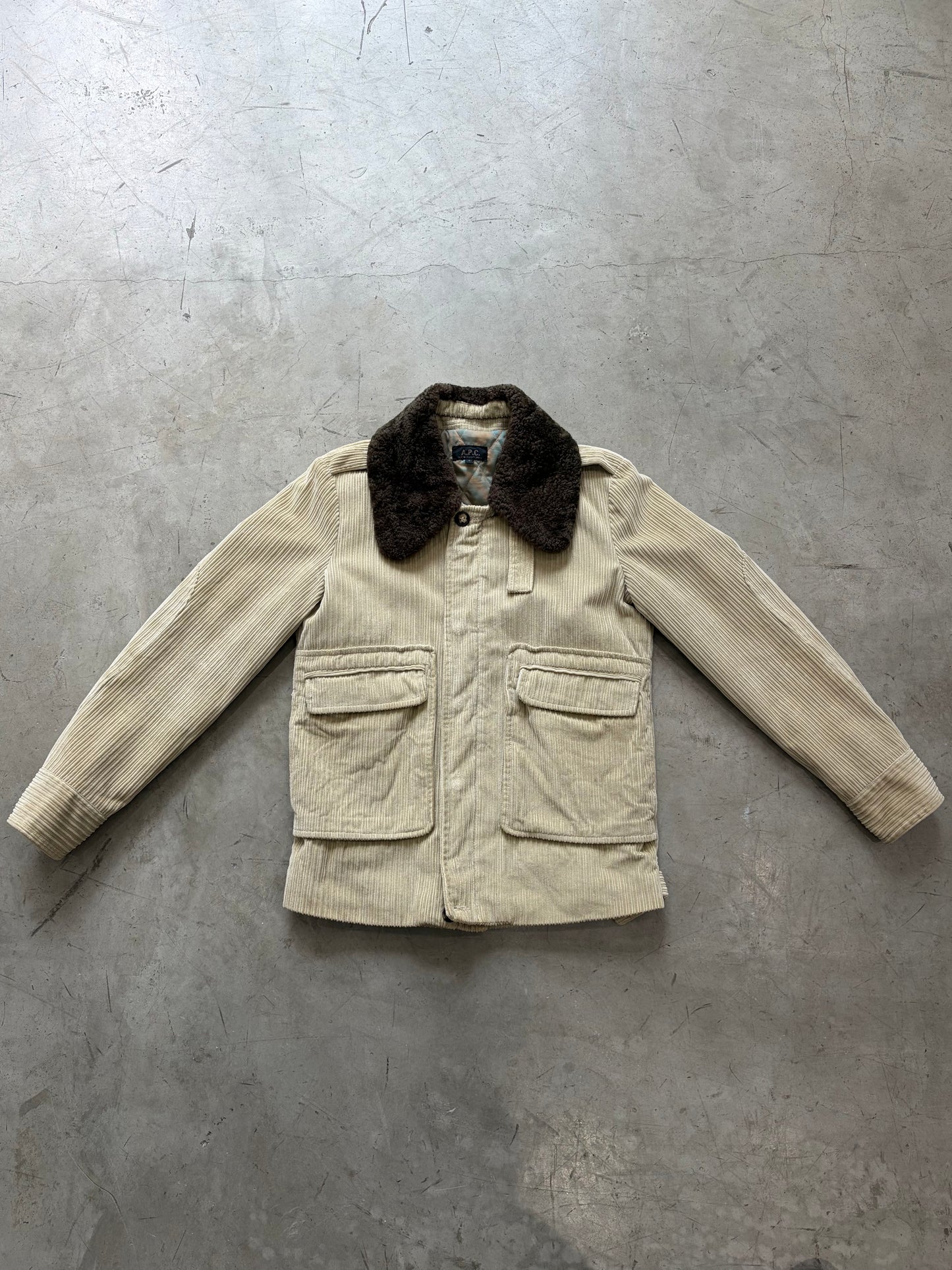 A.P.C. 00s Fur Collar Corduroy Coat (Beige, Made in Tunisia)