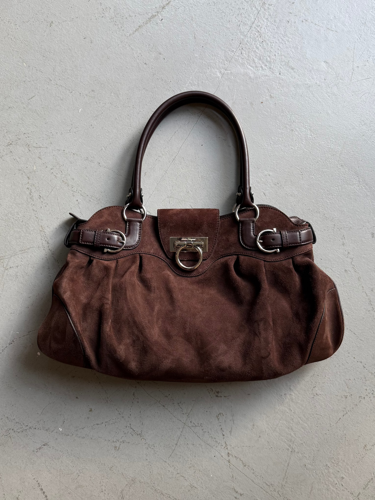 FERRAGAMO brown suede bag