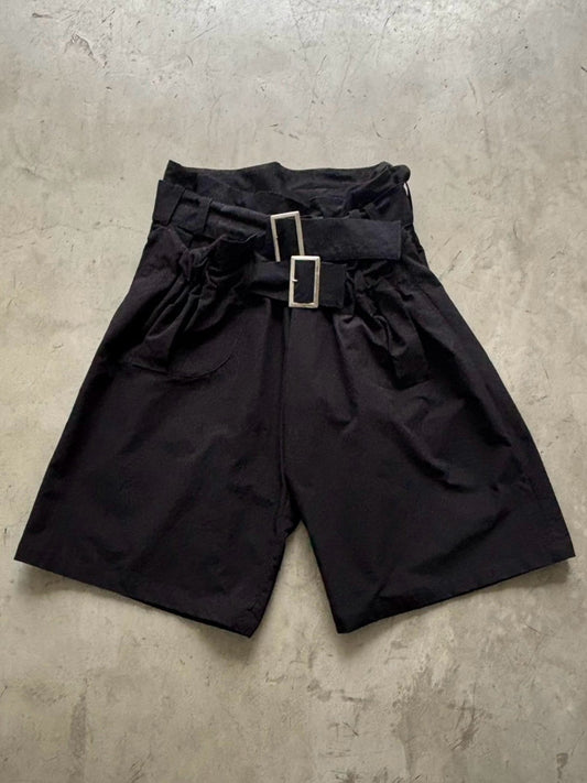 Limi Feu Black wide shorts double belted pants