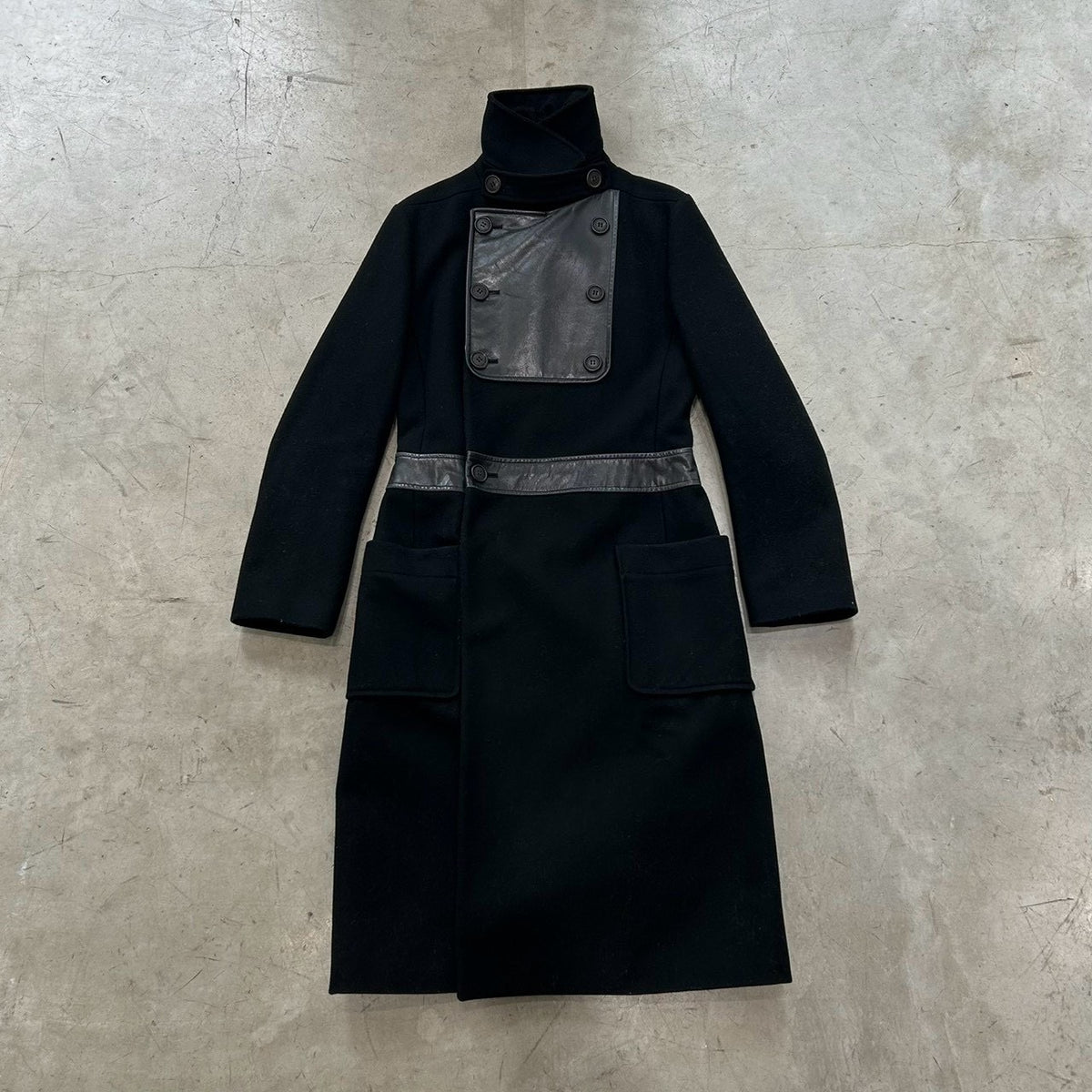 A.P.C. Vintage Wool Coat with Structured Leather Panels (Black, Made in France)