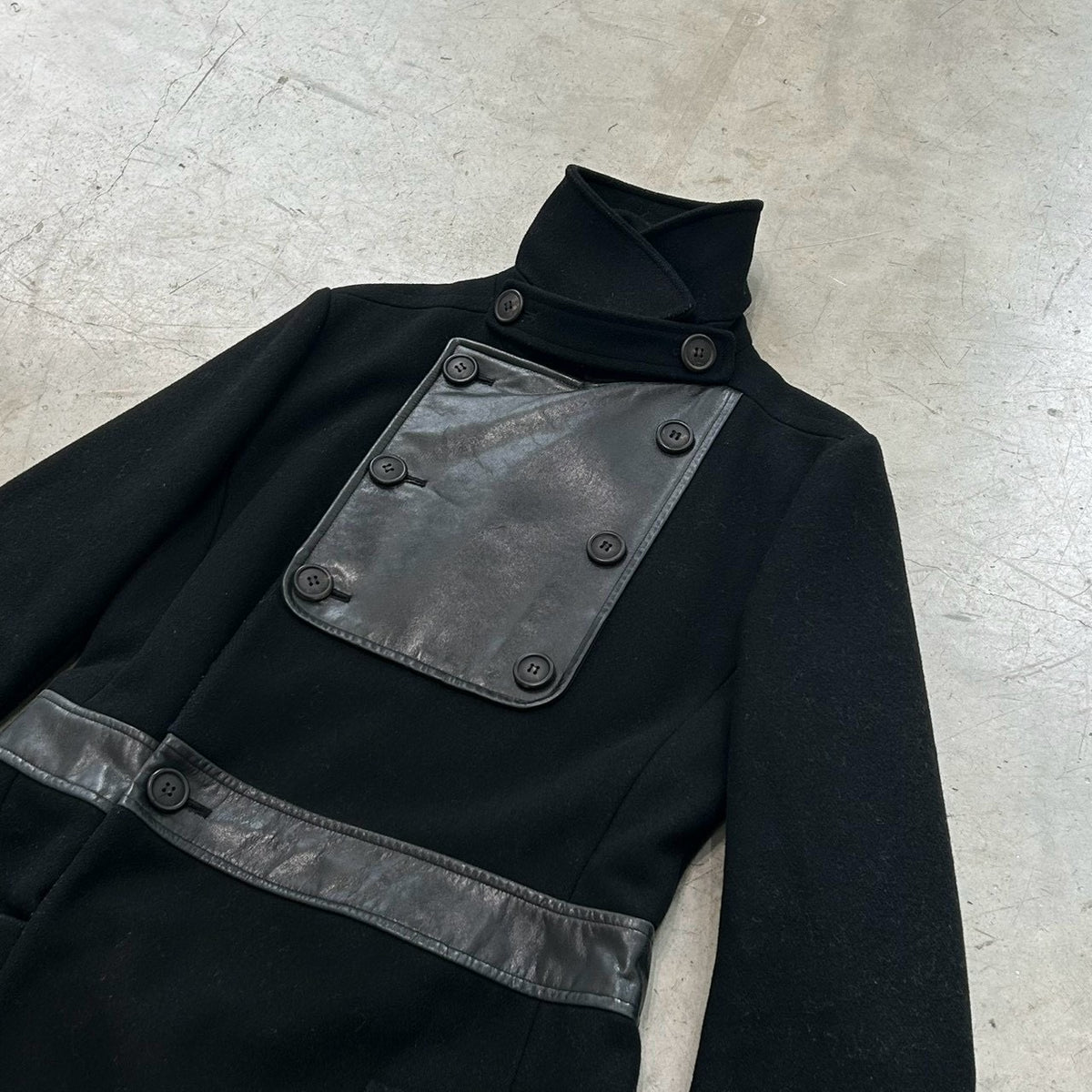 A.P.C. Vintage Wool Coat with Structured Leather Panels (Black, Made in France)