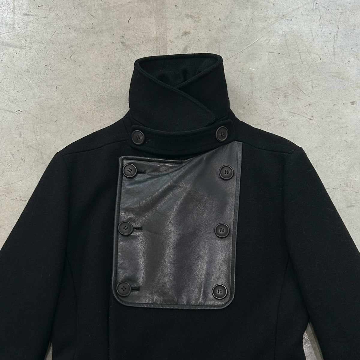 A.P.C. Vintage Wool Coat with Structured Leather Panels (Black, Made in France)