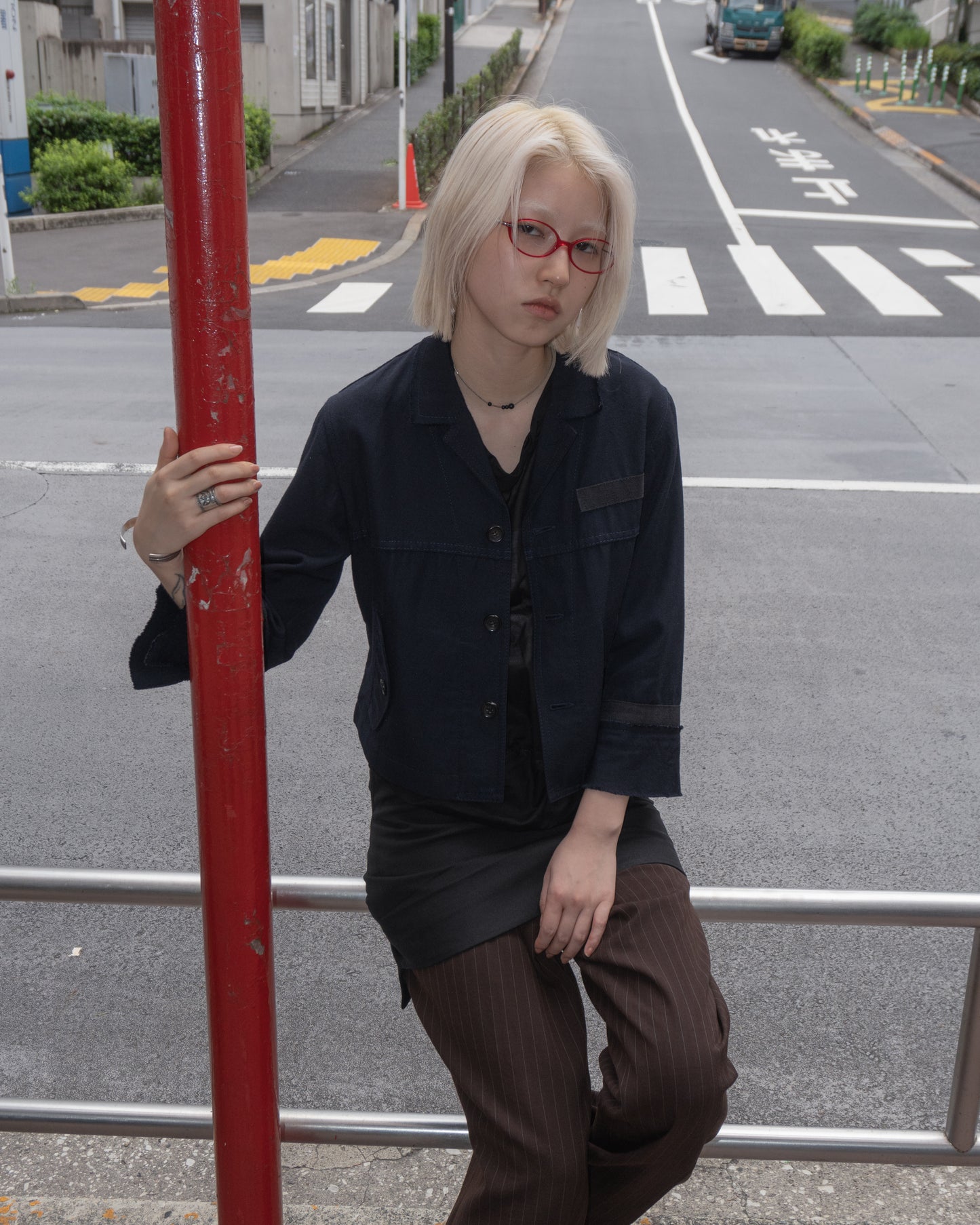 tricot COMME des GARCONS Cut-off Collar Jacket (Navy)